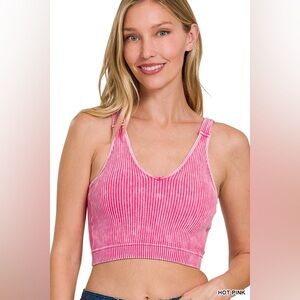 Zenana WASHED RIBBED CROPPED SEAMLESS BRA PADDED TANK TOP